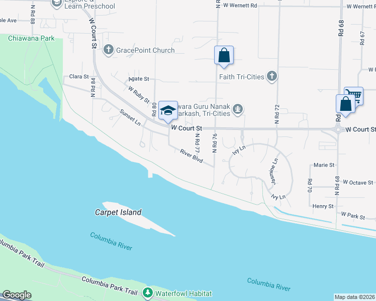 map of restaurants, bars, coffee shops, grocery stores, and more near 7721 River Boulevard in Pasco