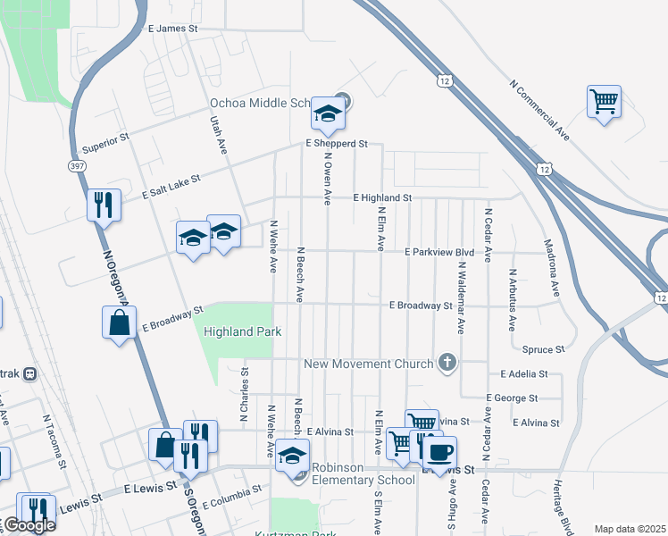 map of restaurants, bars, coffee shops, grocery stores, and more near 627 North Owen Avenue in Pasco