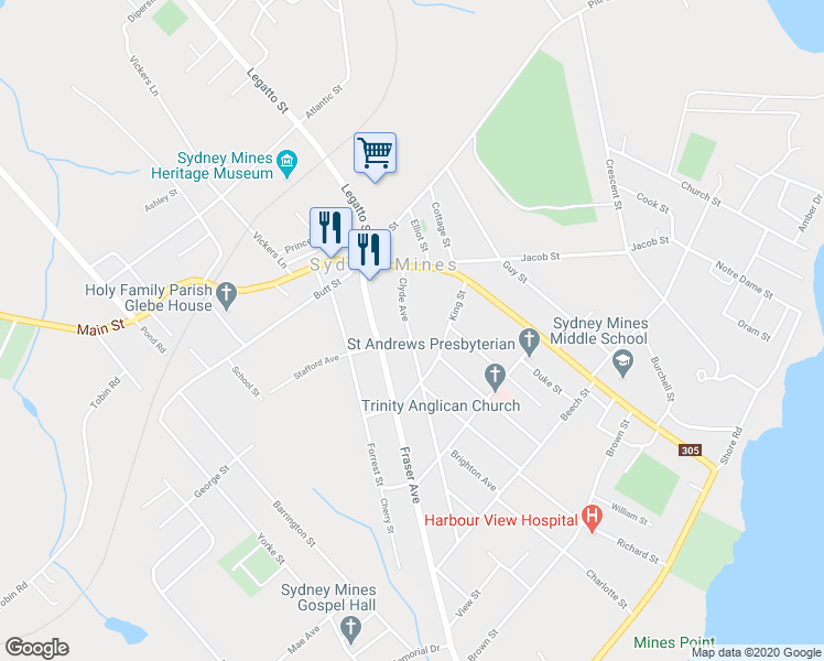 map of restaurants, bars, coffee shops, grocery stores, and more near 13 Clyde Avenue in Sydney Mines