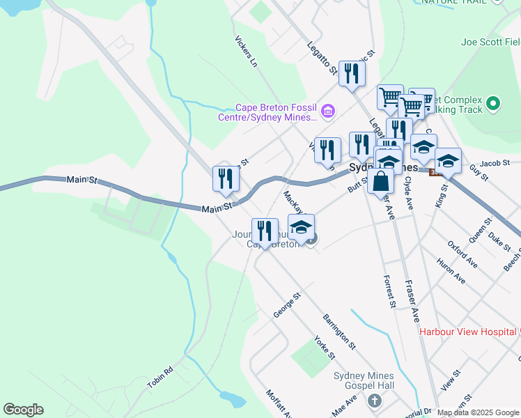 map of restaurants, bars, coffee shops, grocery stores, and more near 5 Pero Street in Sydney Mines