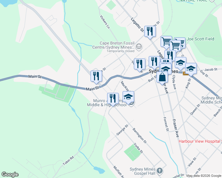 map of restaurants, bars, coffee shops, grocery stores, and more near 5 Pero Street in Sydney Mines