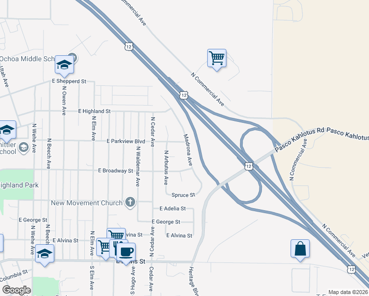map of restaurants, bars, coffee shops, grocery stores, and more near 630 Madrona Avenue in Pasco