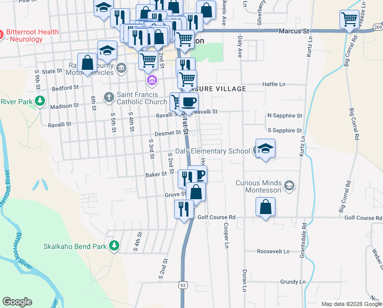 map of restaurants, bars, coffee shops, grocery stores, and more near 700 South 1st Street in Hamilton