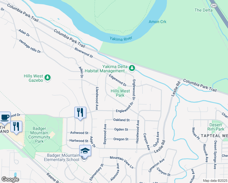 map of restaurants, bars, coffee shops, grocery stores, and more near 163 Laurelwood Court in Richland