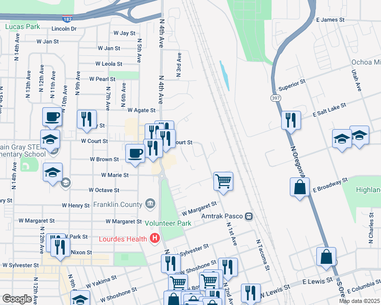 map of restaurants, bars, coffee shops, grocery stores, and more near 958 North 1st Avenue in Pasco