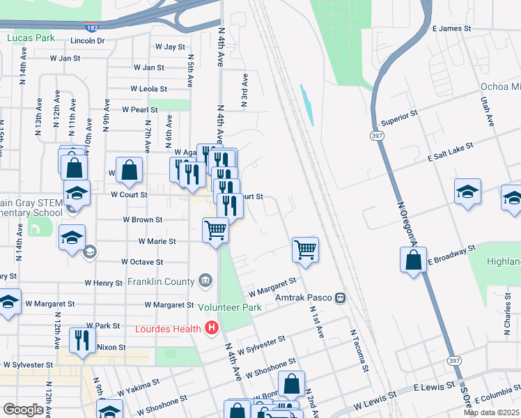 map of restaurants, bars, coffee shops, grocery stores, and more near 958 North 1st Avenue in Pasco