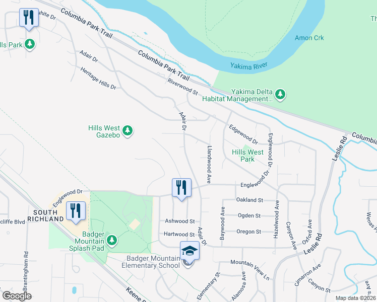 map of restaurants, bars, coffee shops, grocery stores, and more near 1210 Adair Drive in Richland