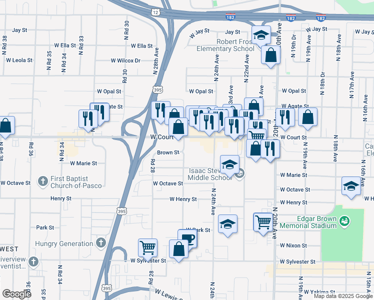 map of restaurants, bars, coffee shops, grocery stores, and more near 2600 West Brown Street in Pasco