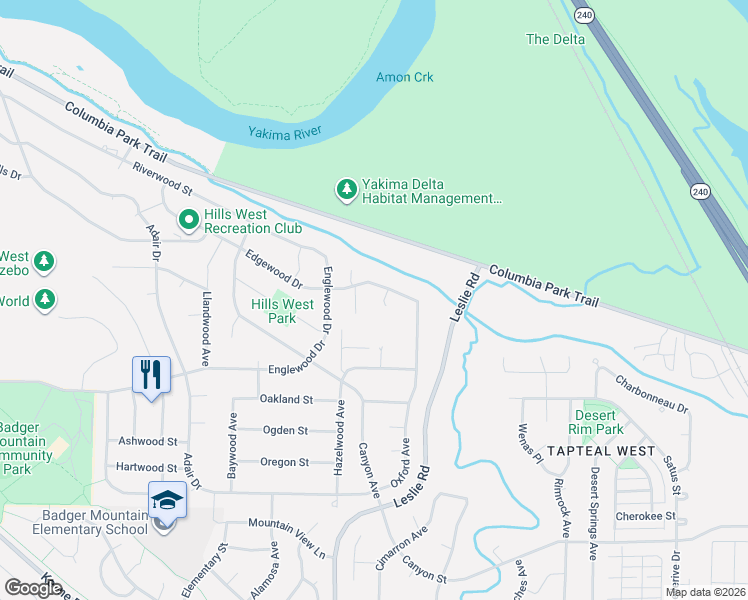 map of restaurants, bars, coffee shops, grocery stores, and more near 1162 Viewmoor Court in Richland