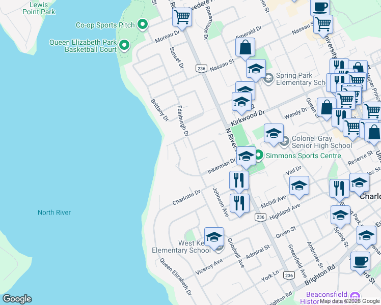 map of restaurants, bars, coffee shops, grocery stores, and more near 27 Edinburgh Drive in Charlottetown