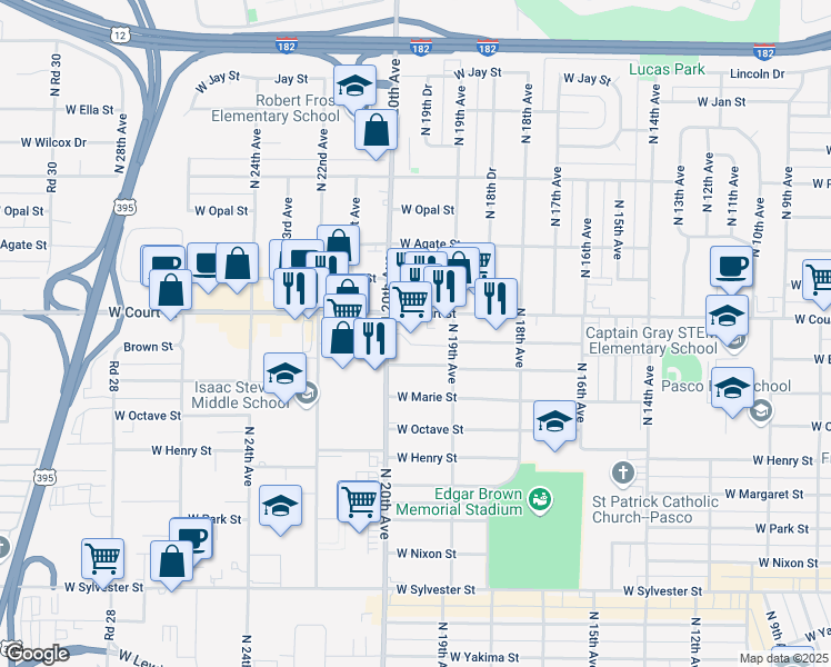 map of restaurants, bars, coffee shops, grocery stores, and more near 1800-1898 Cartmell Street in Pasco