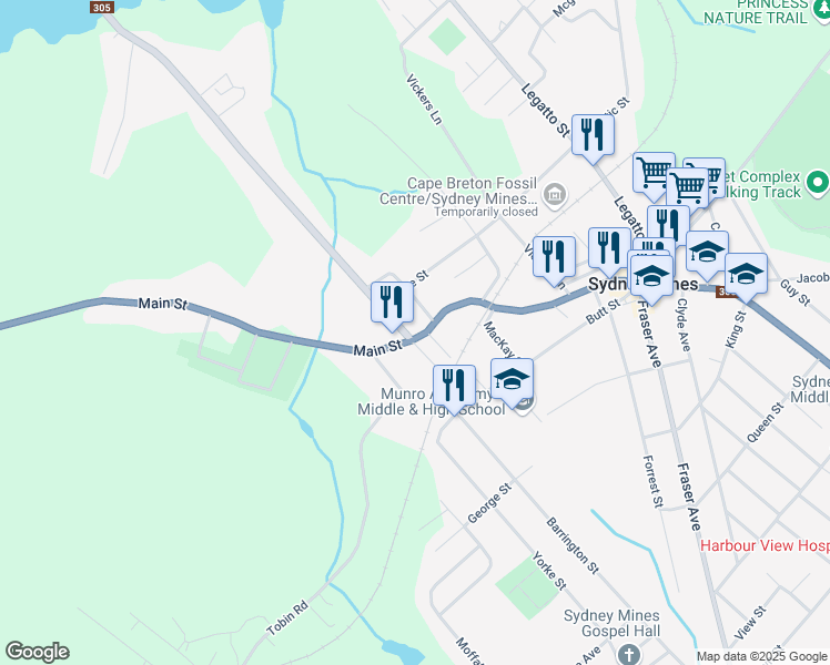 map of restaurants, bars, coffee shops, grocery stores, and more near 968 Main Street in Sydney Mines