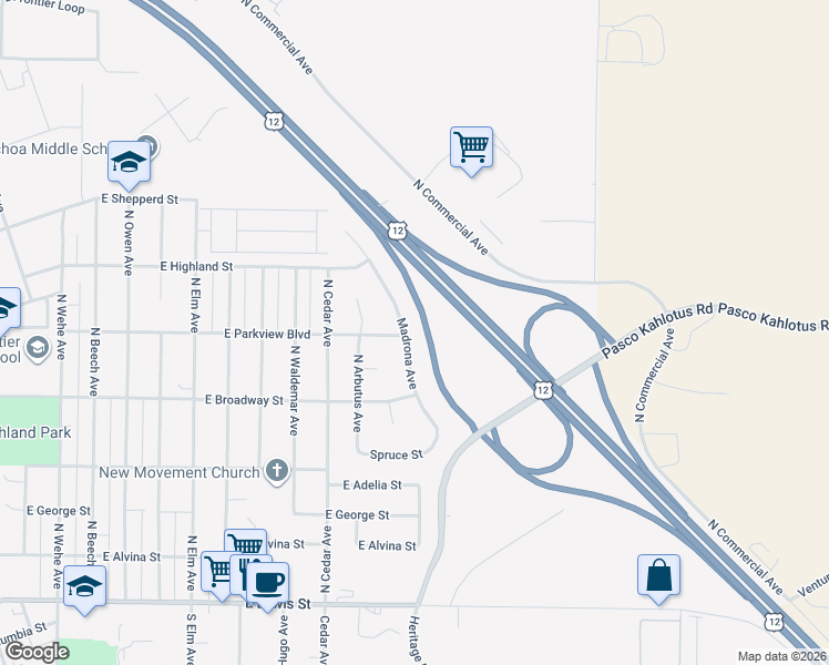 map of restaurants, bars, coffee shops, grocery stores, and more near 630 Madrona Avenue in Pasco