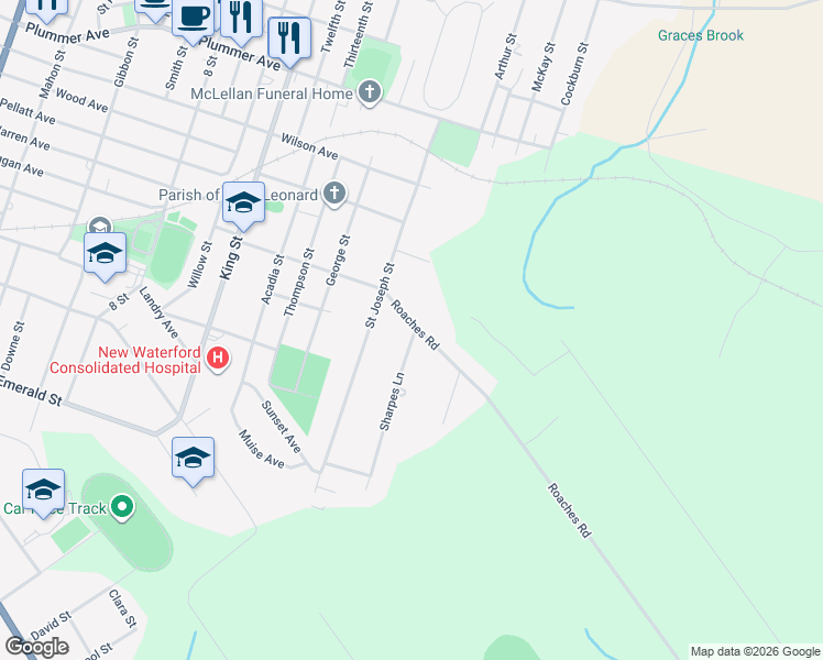 map of restaurants, bars, coffee shops, grocery stores, and more near 654 Sharpes Lane in New Waterford