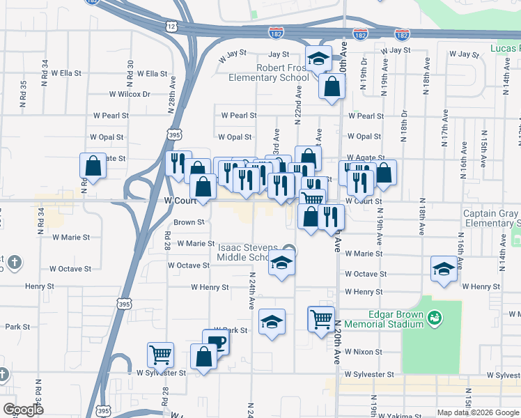 map of restaurants, bars, coffee shops, grocery stores, and more near 1327 North 24th Avenue in Pasco