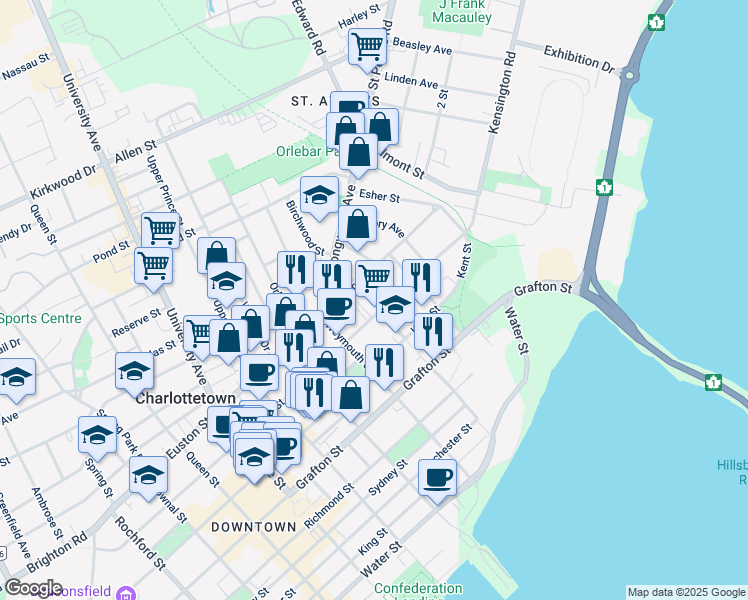 map of restaurants, bars, coffee shops, grocery stores, and more near 242 Fitzroy Street in Charlottetown