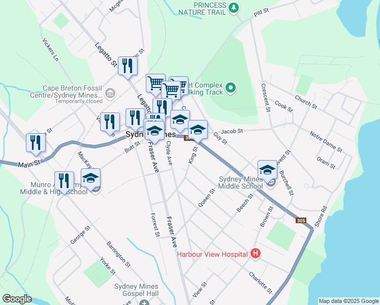 map of restaurants, bars, coffee shops, grocery stores, and more near 56 King Street in Sydney Mines