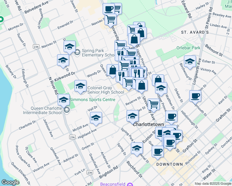 map of restaurants, bars, coffee shops, grocery stores, and more near 413 Queen Street in Charlottetown