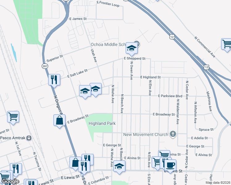 map of restaurants, bars, coffee shops, grocery stores, and more near 812 North Wehe Avenue in Pasco
