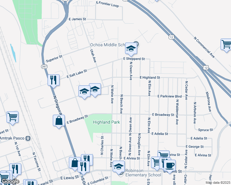 map of restaurants, bars, coffee shops, grocery stores, and more near 812 North Wehe Avenue in Pasco