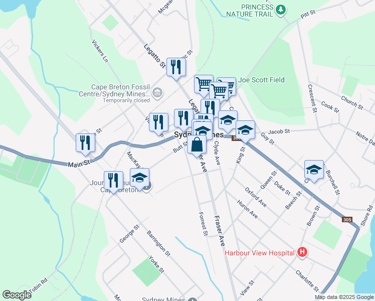 map of restaurants, bars, coffee shops, grocery stores, and more near 57 Forrest Street in Sydney Mines