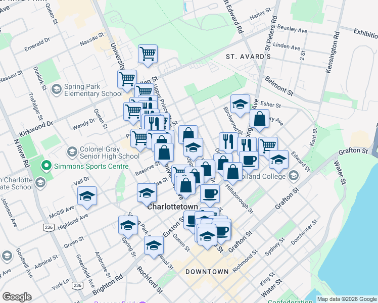 map of restaurants, bars, coffee shops, grocery stores, and more near 78 Upper Prince Street in Charlottetown