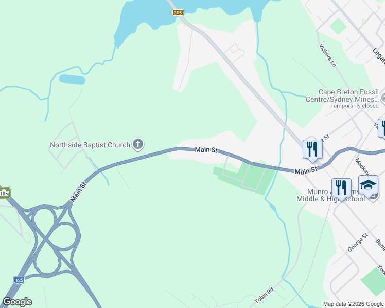map of restaurants, bars, coffee shops, grocery stores, and more near 1145 Main Street in Sydney Mines