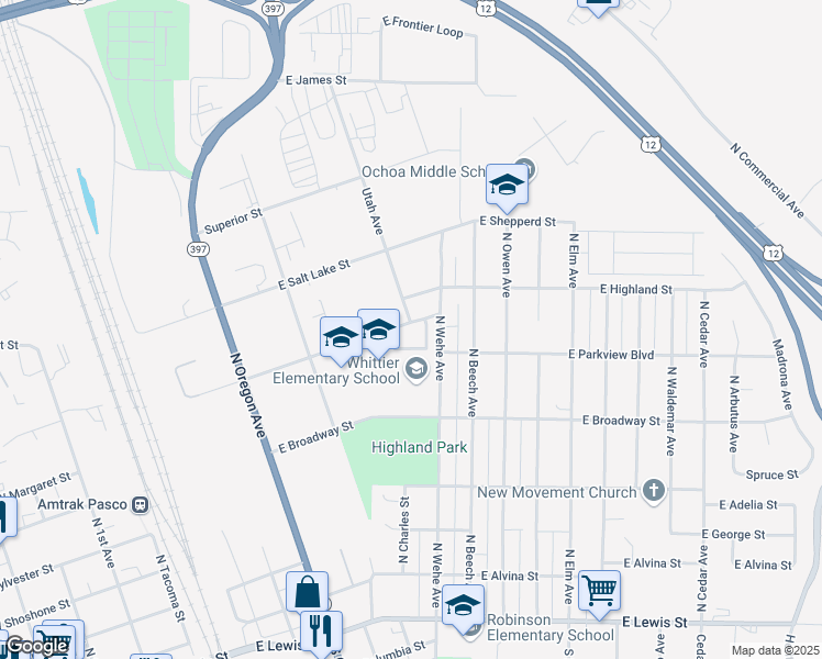 map of restaurants, bars, coffee shops, grocery stores, and more near 1534 East Spokane Street in Pasco