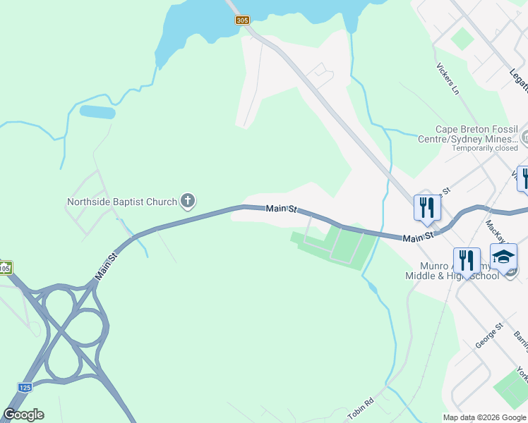 map of restaurants, bars, coffee shops, grocery stores, and more near 1145 Main Street in Sydney Mines