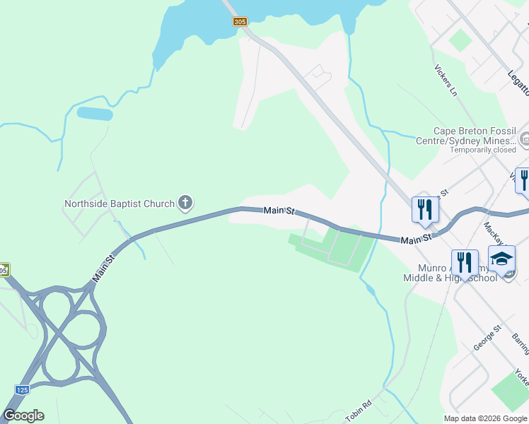 map of restaurants, bars, coffee shops, grocery stores, and more near 1145 Main Street in Sydney Mines