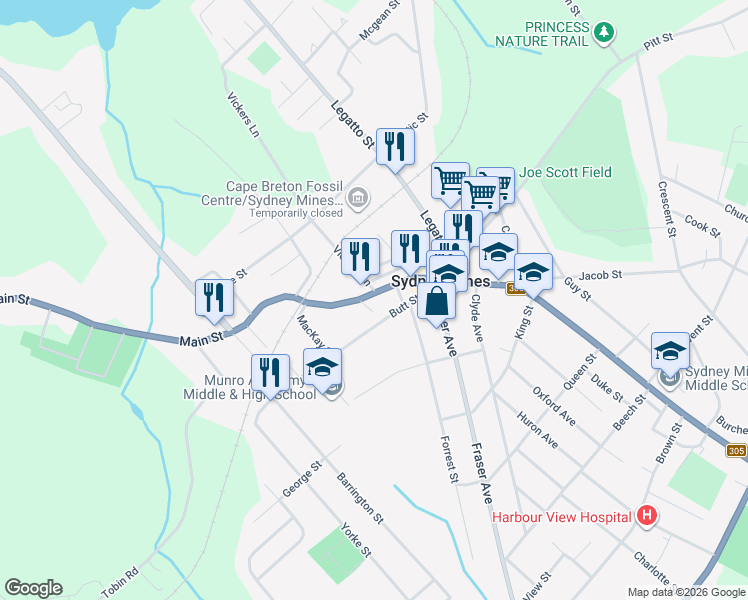 map of restaurants, bars, coffee shops, grocery stores, and more near 861 Main Street in Sydney Mines