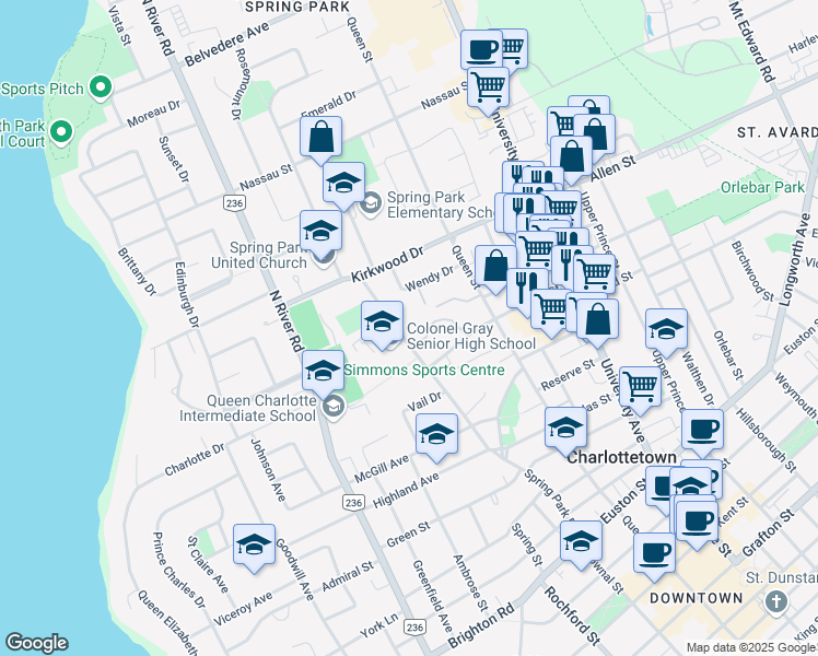 map of restaurants, bars, coffee shops, grocery stores, and more near 198 Spring Park Road in Charlottetown
