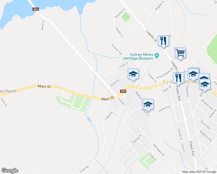 map of restaurants, bars, coffee shops, grocery stores, and more near 38 Pond Road in Sydney Mines