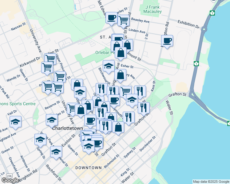map of restaurants, bars, coffee shops, grocery stores, and more near 231 Cumberland Street in Charlottetown