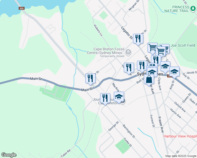 map of restaurants, bars, coffee shops, grocery stores, and more near 12 Macnamara Street in Sydney Mines