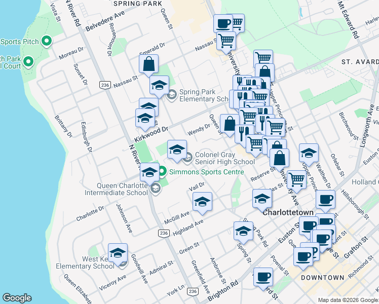 map of restaurants, bars, coffee shops, grocery stores, and more near 198 Spring Park Road in Charlottetown