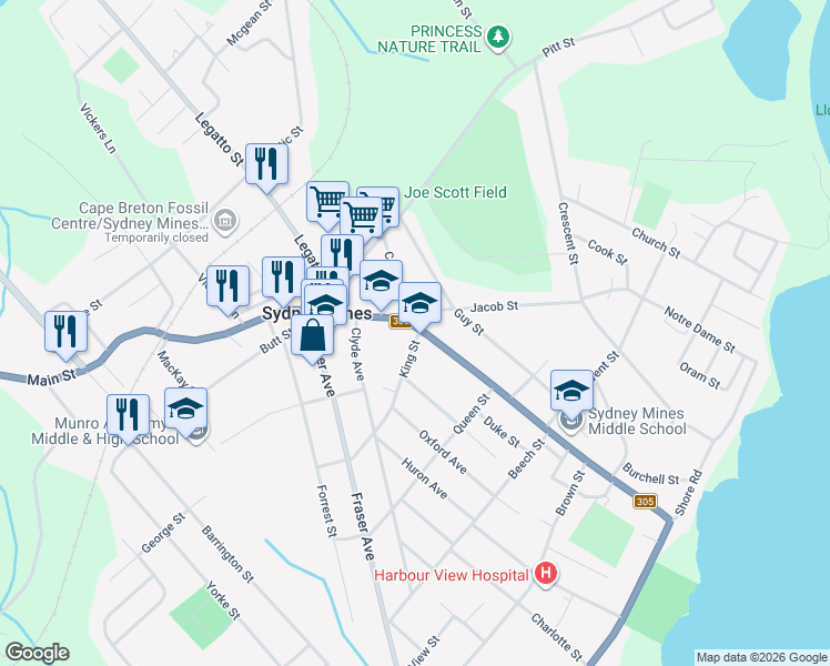 map of restaurants, bars, coffee shops, grocery stores, and more near 861 Main Street in Sydney Mines