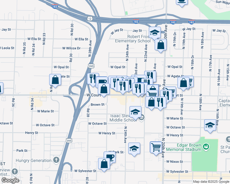 map of restaurants, bars, coffee shops, grocery stores, and more near 2411 West Court Street in Pasco