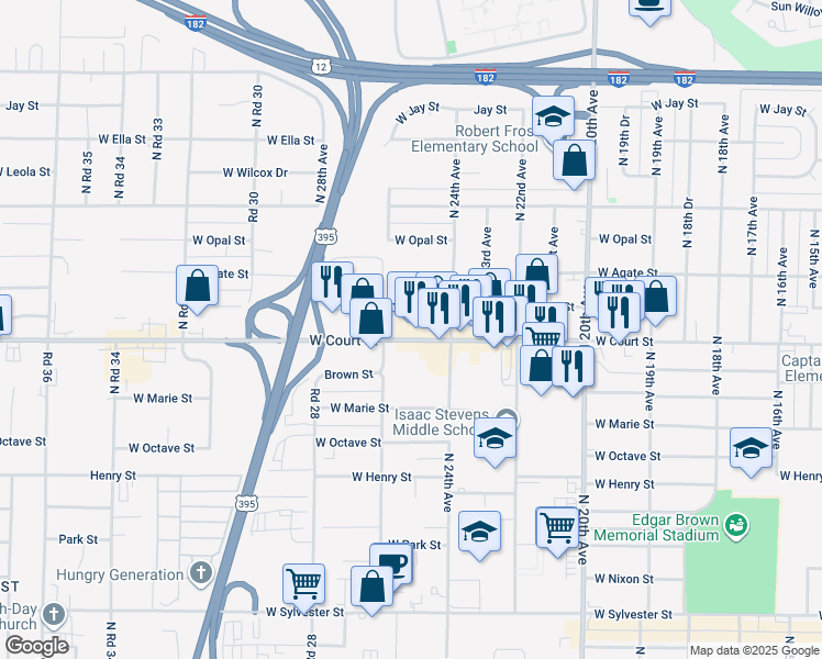map of restaurants, bars, coffee shops, grocery stores, and more near 2411 West Court Street in Pasco