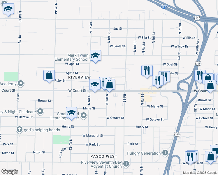 map of restaurants, bars, coffee shops, grocery stores, and more near 1516 N 37th Pl in Pasco