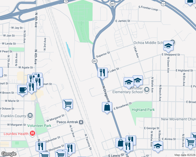 map of restaurants, bars, coffee shops, grocery stores, and more near 1010 North Oregon Avenue in Pasco