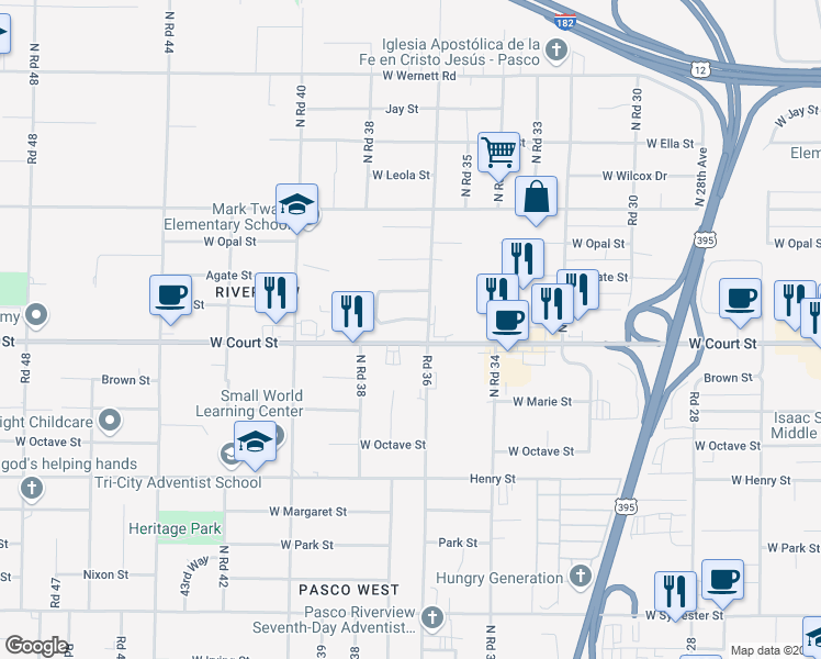 map of restaurants, bars, coffee shops, grocery stores, and more near 3612 W Ruby St in Pasco