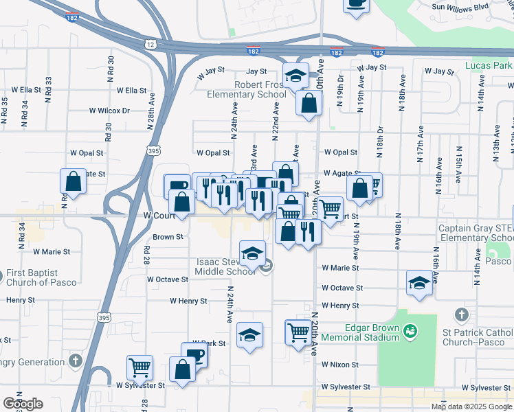 map of restaurants, bars, coffee shops, grocery stores, and more near 2211 West Court Street in Pasco
