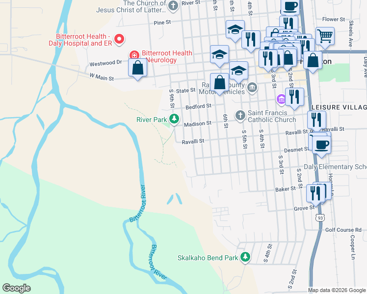 map of restaurants, bars, coffee shops, grocery stores, and more near 815 Ravalli Street in Hamilton