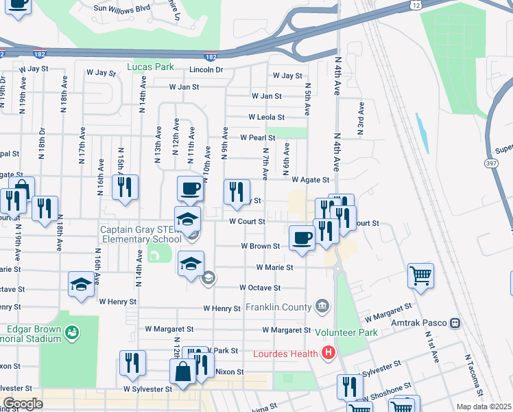 map of restaurants, bars, coffee shops, grocery stores, and more near 916 West Ruby Street in Pasco
