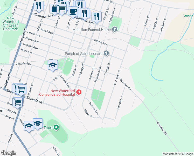 map of restaurants, bars, coffee shops, grocery stores, and more near 640 Thompson Street in New Waterford