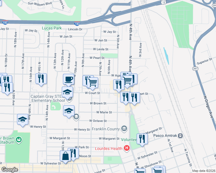 map of restaurants, bars, coffee shops, grocery stores, and more near 728 West Ruby Street in Pasco