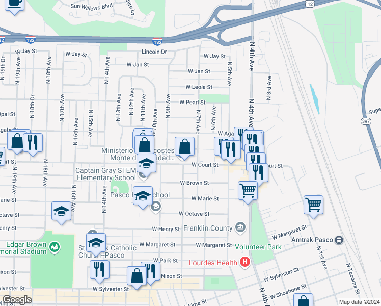 map of restaurants, bars, coffee shops, grocery stores, and more near 916 West Ruby Street in Pasco
