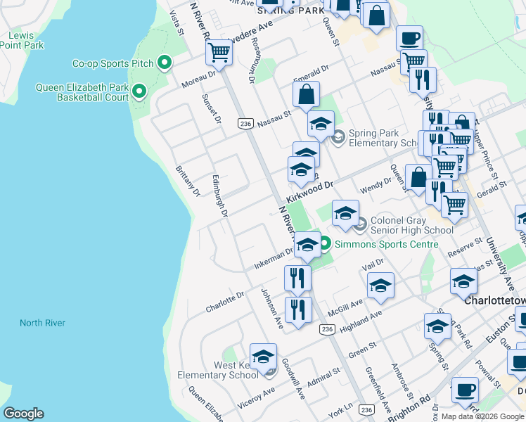 map of restaurants, bars, coffee shops, grocery stores, and more near 9 Redwood Lane in Charlottetown