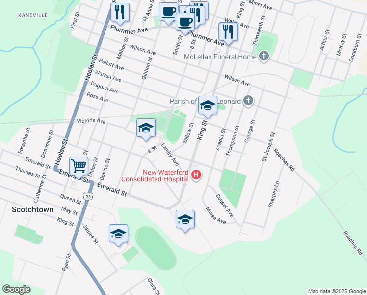 map of restaurants, bars, coffee shops, grocery stores, and more near 672 Willow Street in New Waterford